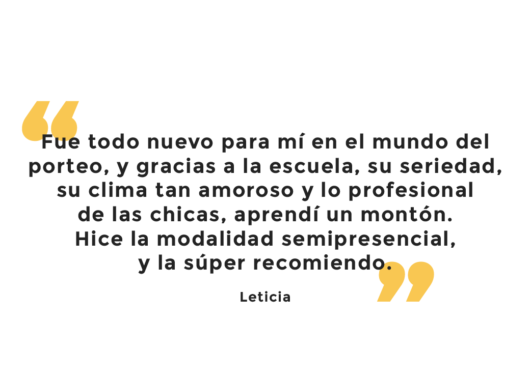 Testimonio: Fue todo nuevo para mí en el mundo del porteo y, gracias a la escuela, su seriedad, su clima tan amoroso y lo profesional de las chicas, aprendí un montón. Hice la modalidad semipresencial y la súper recomiendo. Leticia.